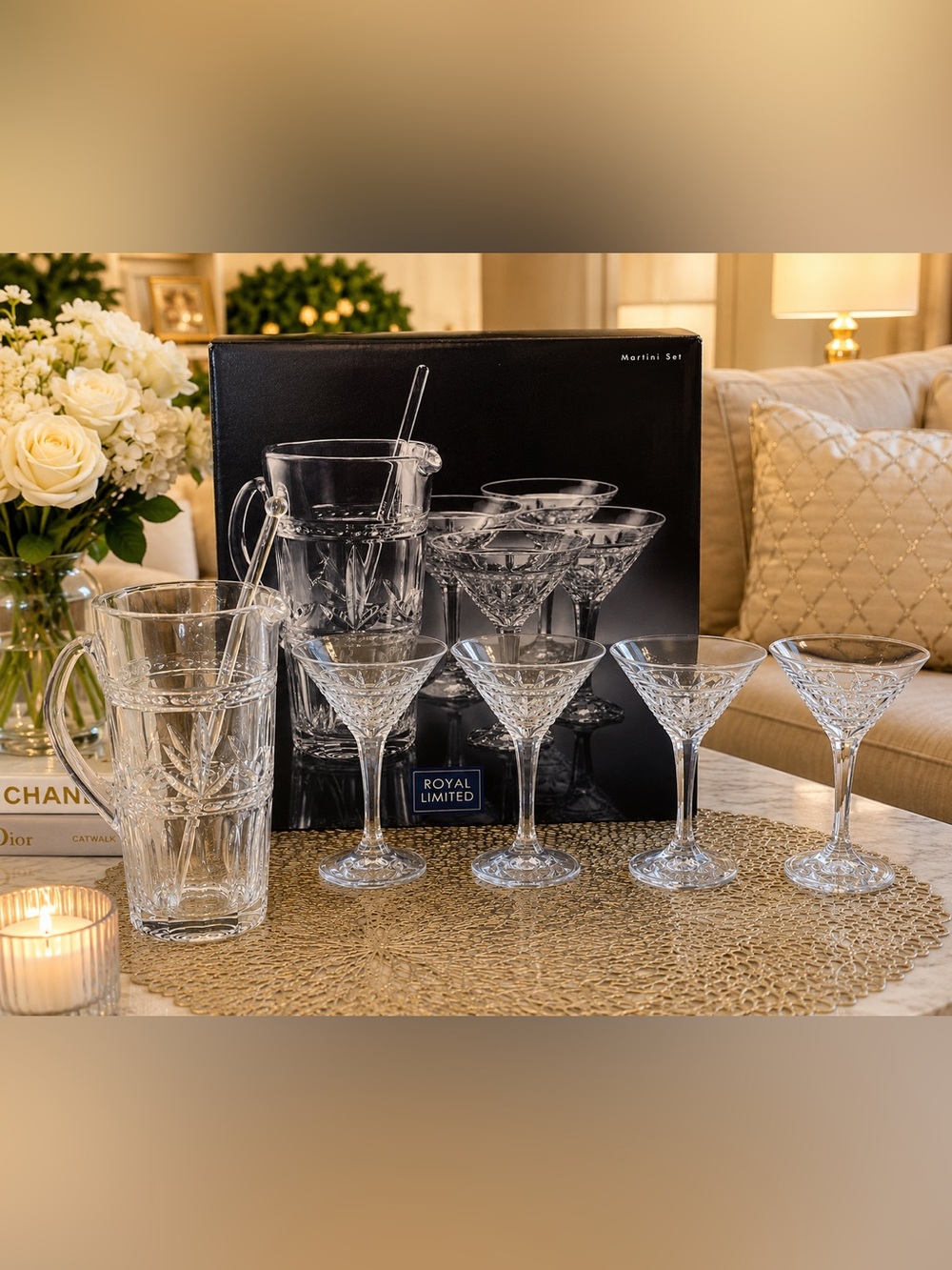 Royal Limited Clear Crystal Martini Glasses with Pitcher Set